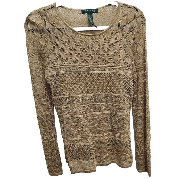 Lauren Ralph Lauren Womens Sweater Large Gold Metallic Open Knit Pullover Preppy - Picture 1 of 8